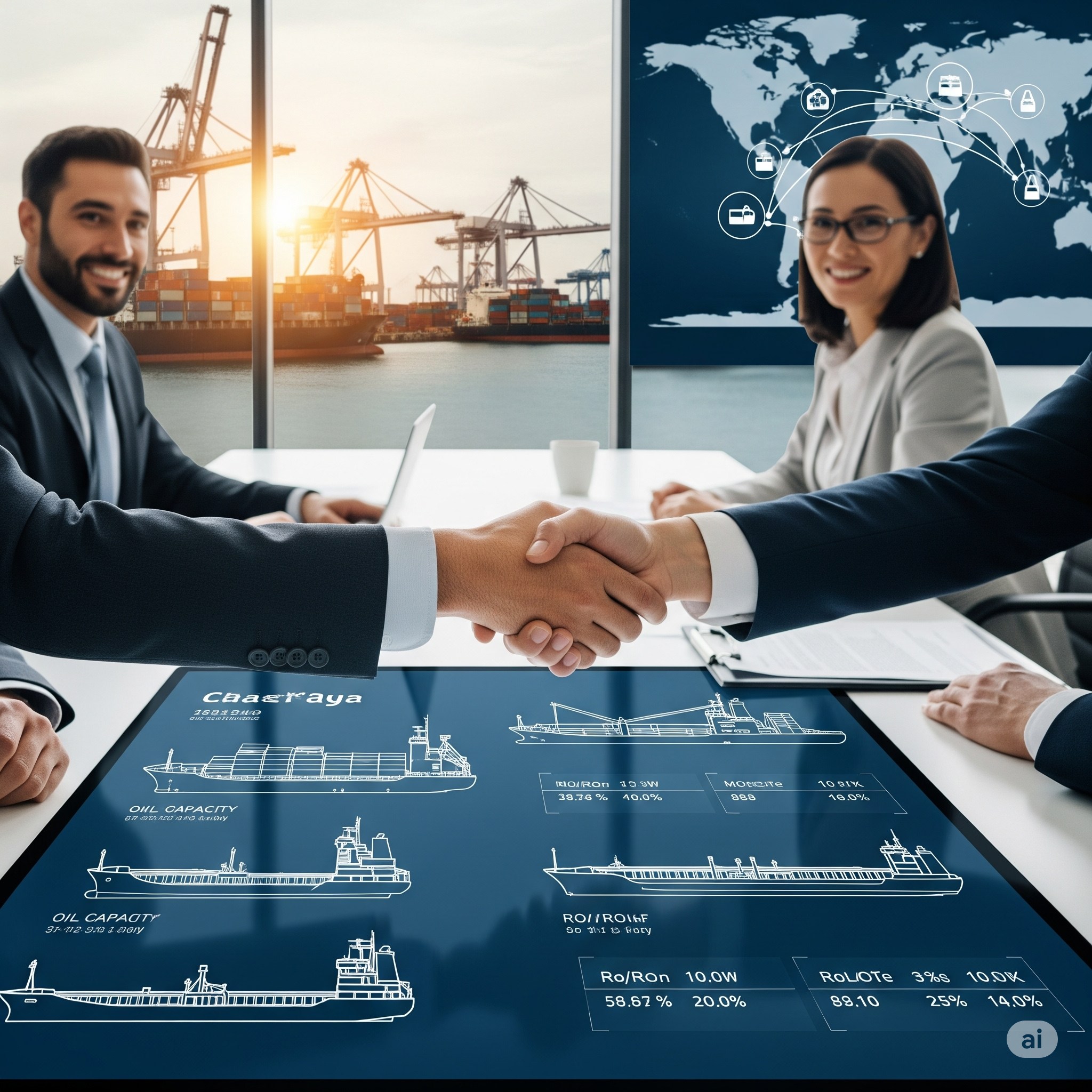Maritime professionals in business meeting with ship diagrams and port operations
