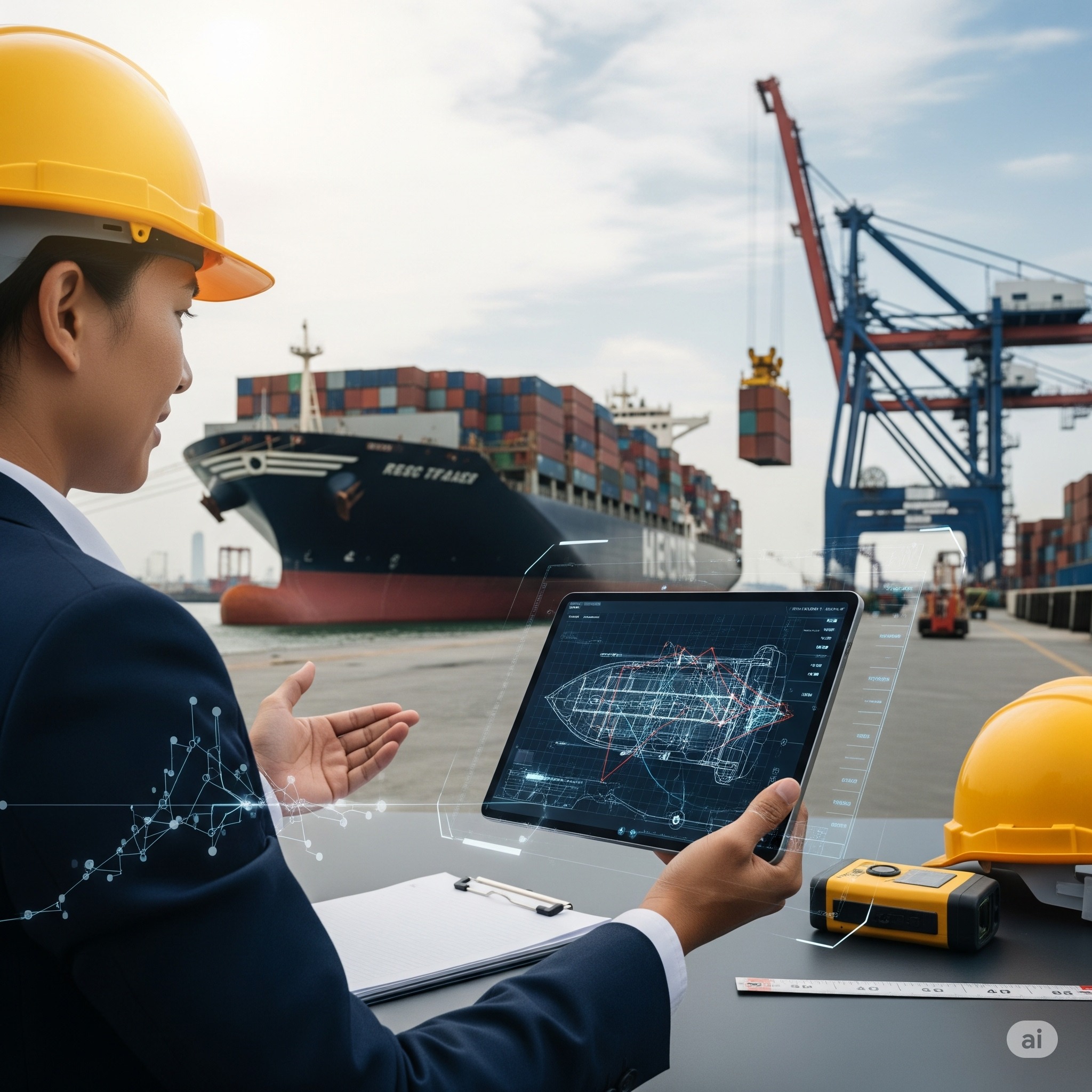 Maritime professional using digital tools for ship coordination